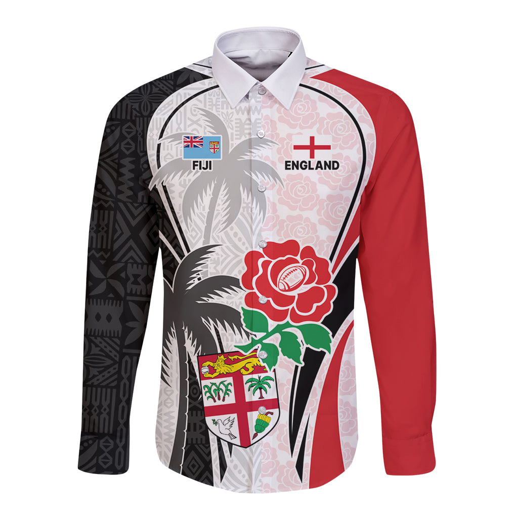 Custom Fiji England Rugby Long Sleeve Button Shirt Tapa Pattern and Rose Flower World Cup 2023 - Wonder Print Shop