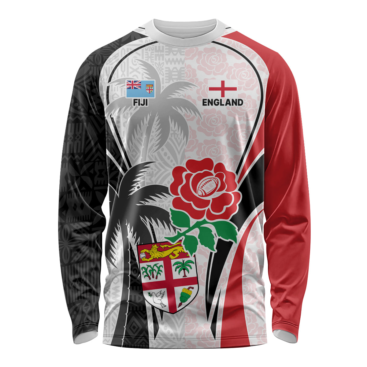 Custom Fiji England Rugby Long Sleeve Shirt Tapa Pattern and Rose Flower World Cup 2023 - Wonder Print Shop