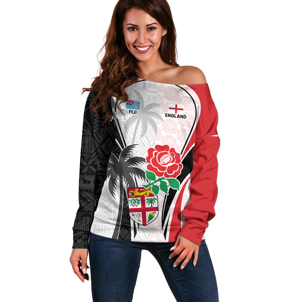 Custom Fiji England Rugby Off Shoulder Sweater Tapa Pattern and Rose Flower World Cup 2023 - Wonder Print Shop