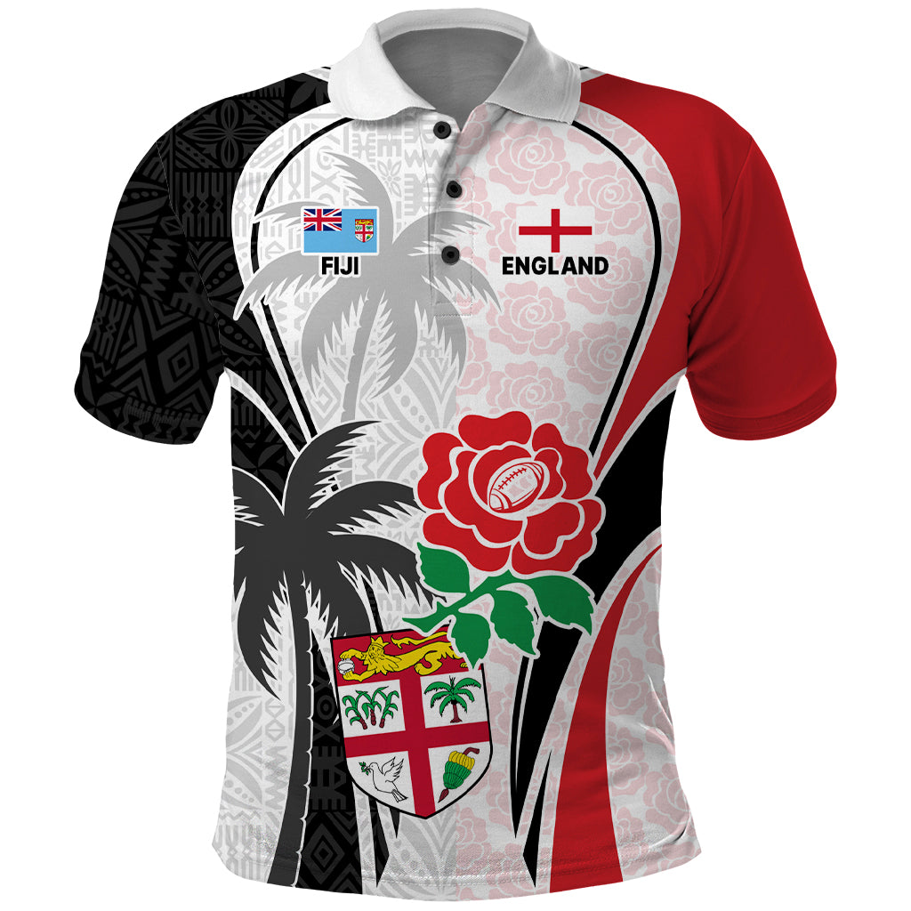 Custom Fiji England Rugby Polo Shirt Tapa Pattern and Rose Flower World Cup 2023 - Wonder Print Shop