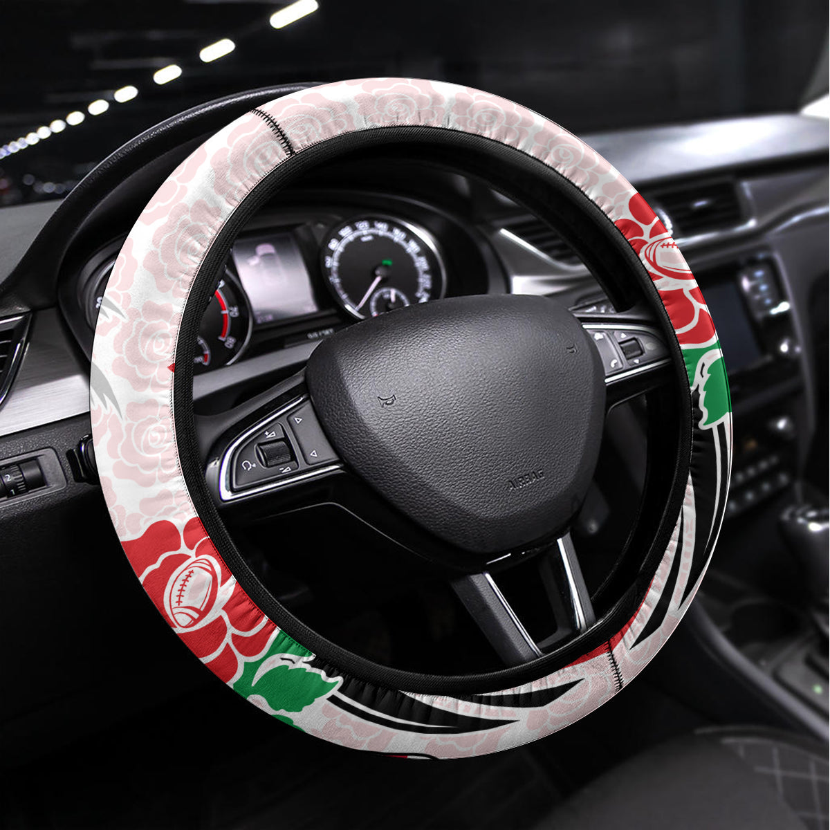 Fiji England Rugby Steering Wheel Cover Tapa Pattern and Rose Flower World Cup 2023