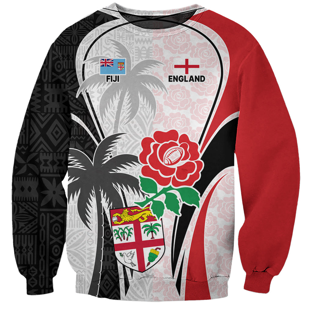 Unisex rugby sweatshirt with Fiji and England graphic, rose and crest, red/black/white