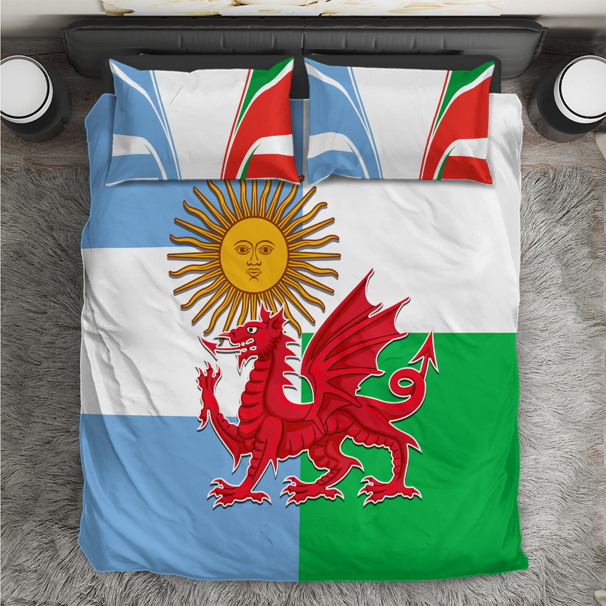 Rugby-themed bedding set with sun face and red dragon on blue/white/green cover