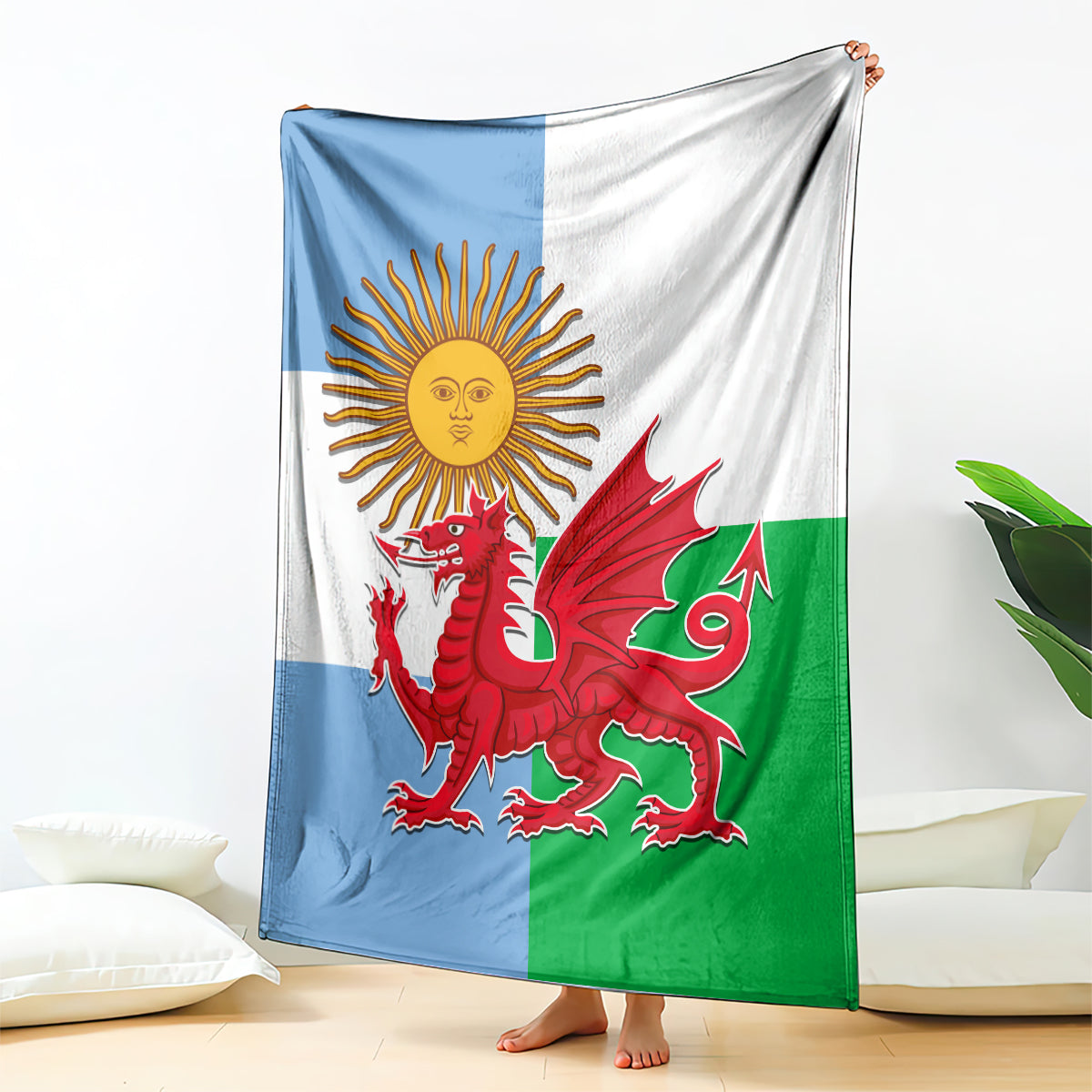 Rugby blanket with Welsh dragon and sun graphic, blue and green flag color blocks