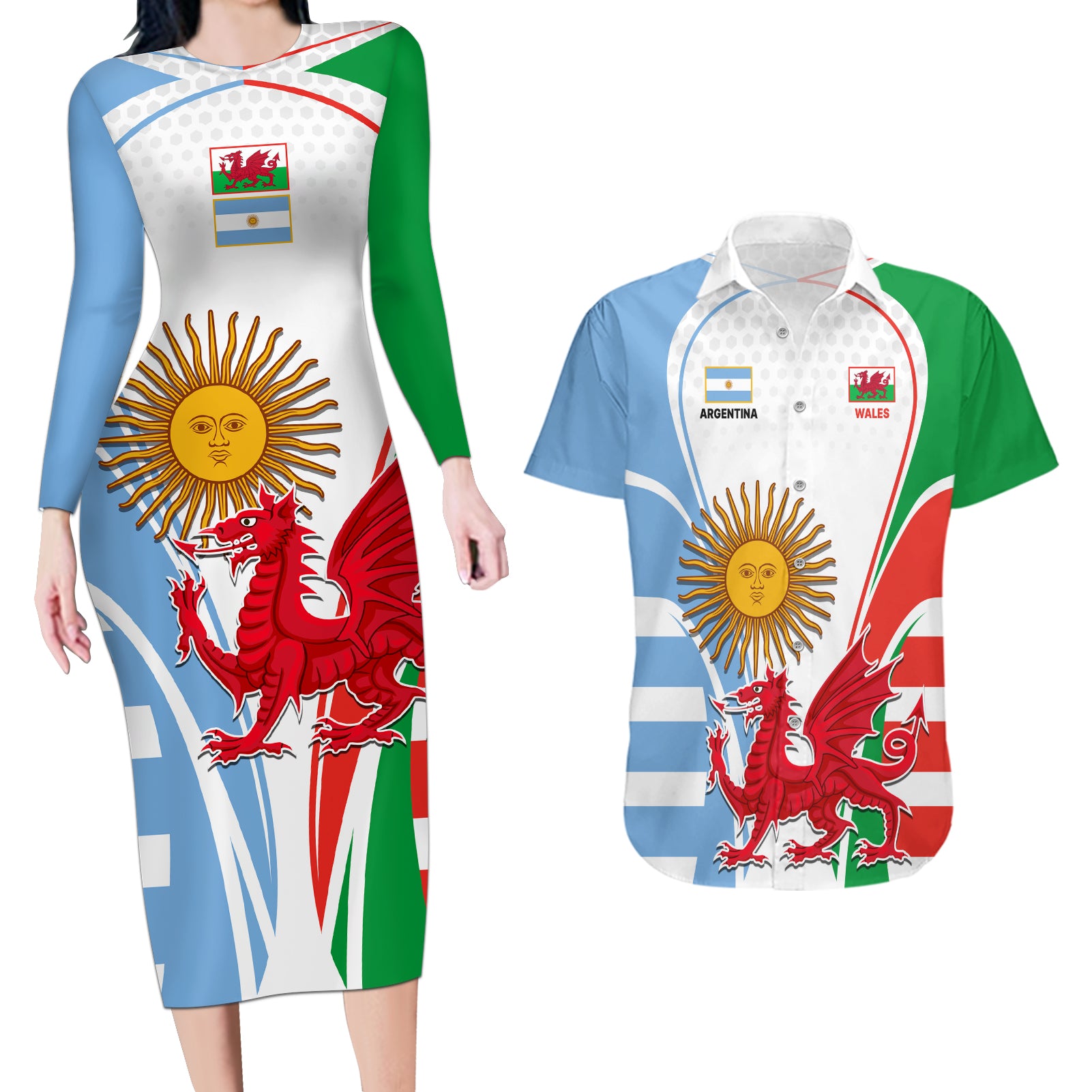 Wales Argentina Rugby Couples Matching Long Sleeve Bodycon Dress and Hawaiian Shirt The Welsh Dragon and Sol De Mayo World Cup 2023 LT9 - Wonder Print Shop