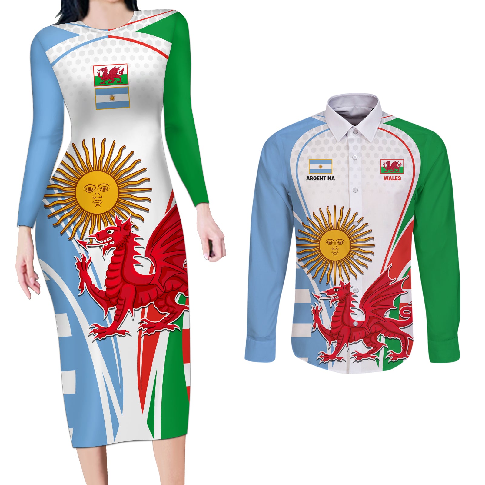 Wales Argentina Rugby Couples Matching Long Sleeve Bodycon Dress and Long Sleeve Button Shirts The Welsh Dragon and Sol De Mayo World Cup 2023 LT9 - Wonder Print Shop