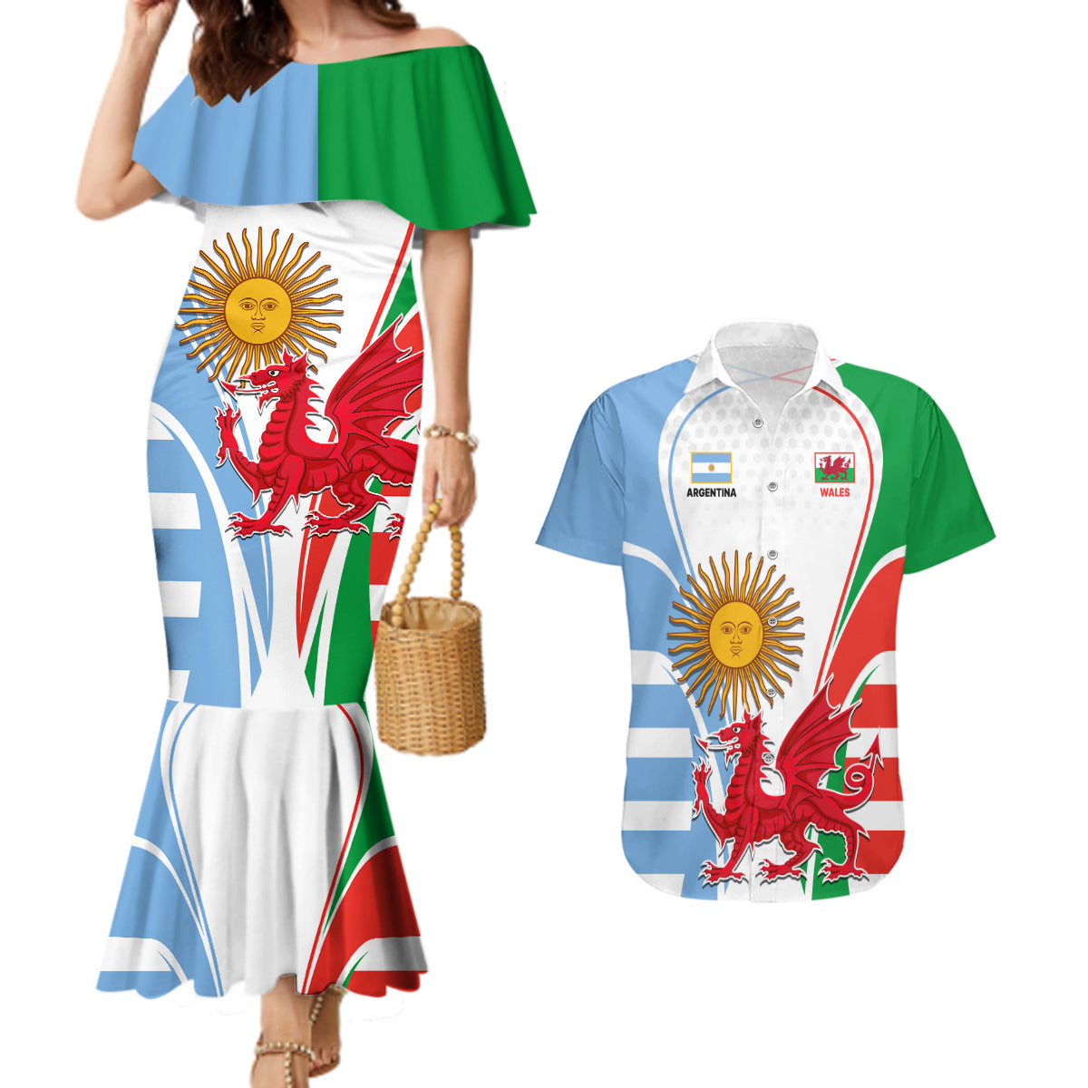 Wales Argentina Rugby Couples Matching Mermaid Dress and Hawaiian Shirt The Welsh Dragon and Sol De Mayo World Cup 2023 LT9 - Wonder Print Shop