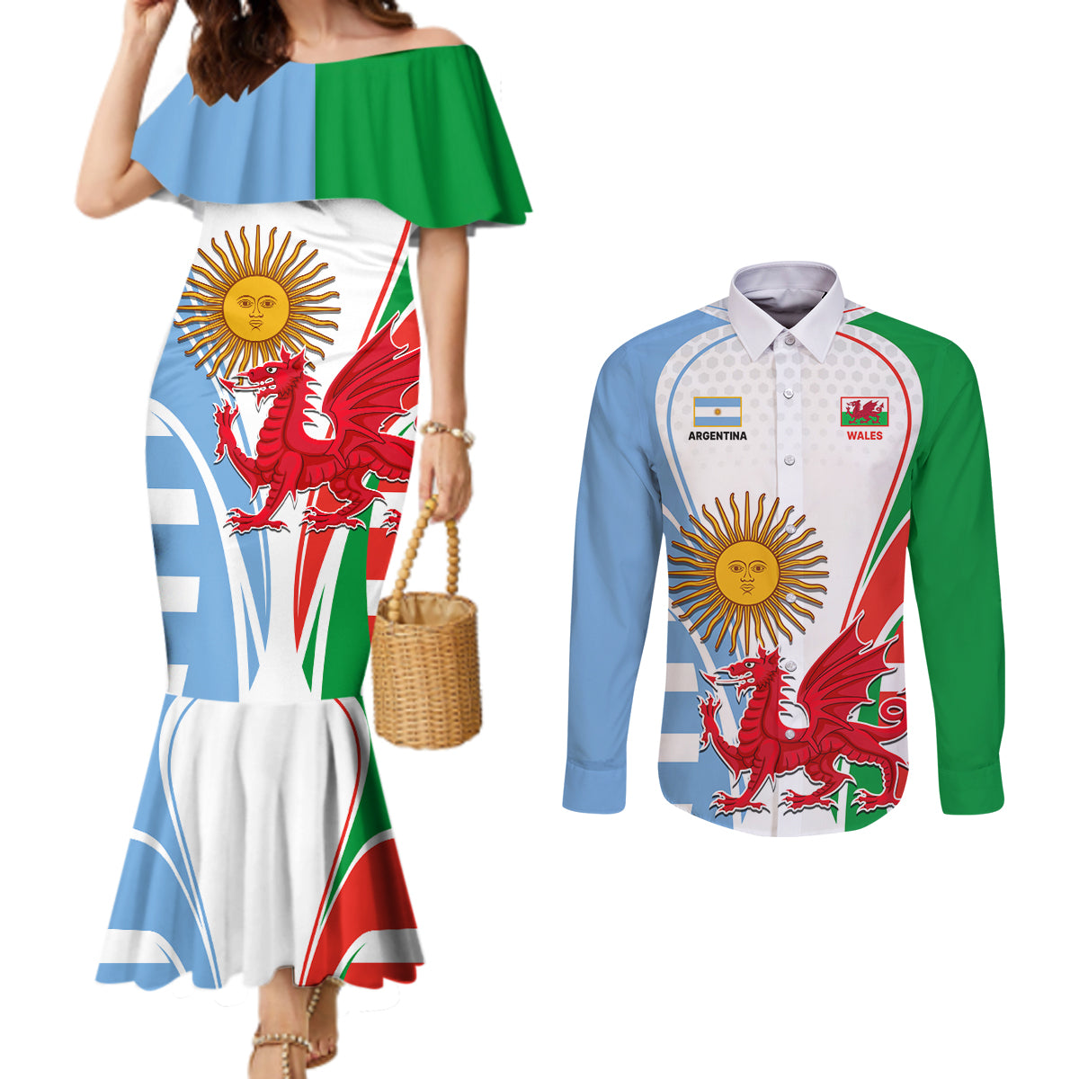 wales-argentina-rugby-couples-matching-mermaid-dress-and-long-sleeve-button-shirts-the-welsh-dragon-and-sol-de-mayo-world-cup-2023