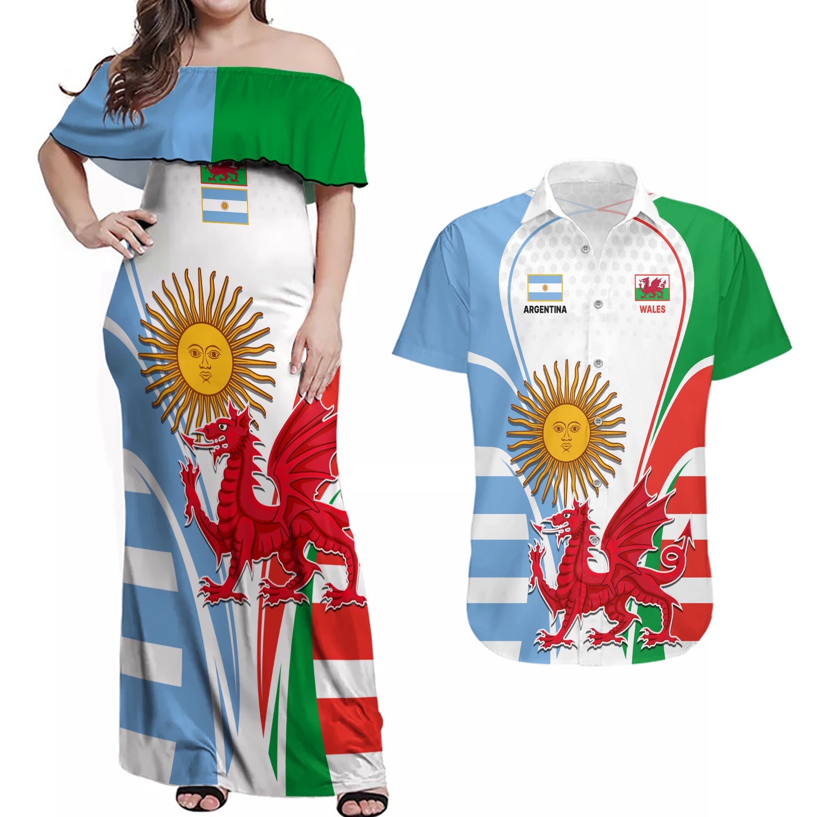 Wales Argentina Rugby Couples Matching Off Shoulder Maxi Dress and Hawaiian Shirt The Welsh Dragon and Sol De Mayo World Cup 2023 LT9 - Wonder Print Shop