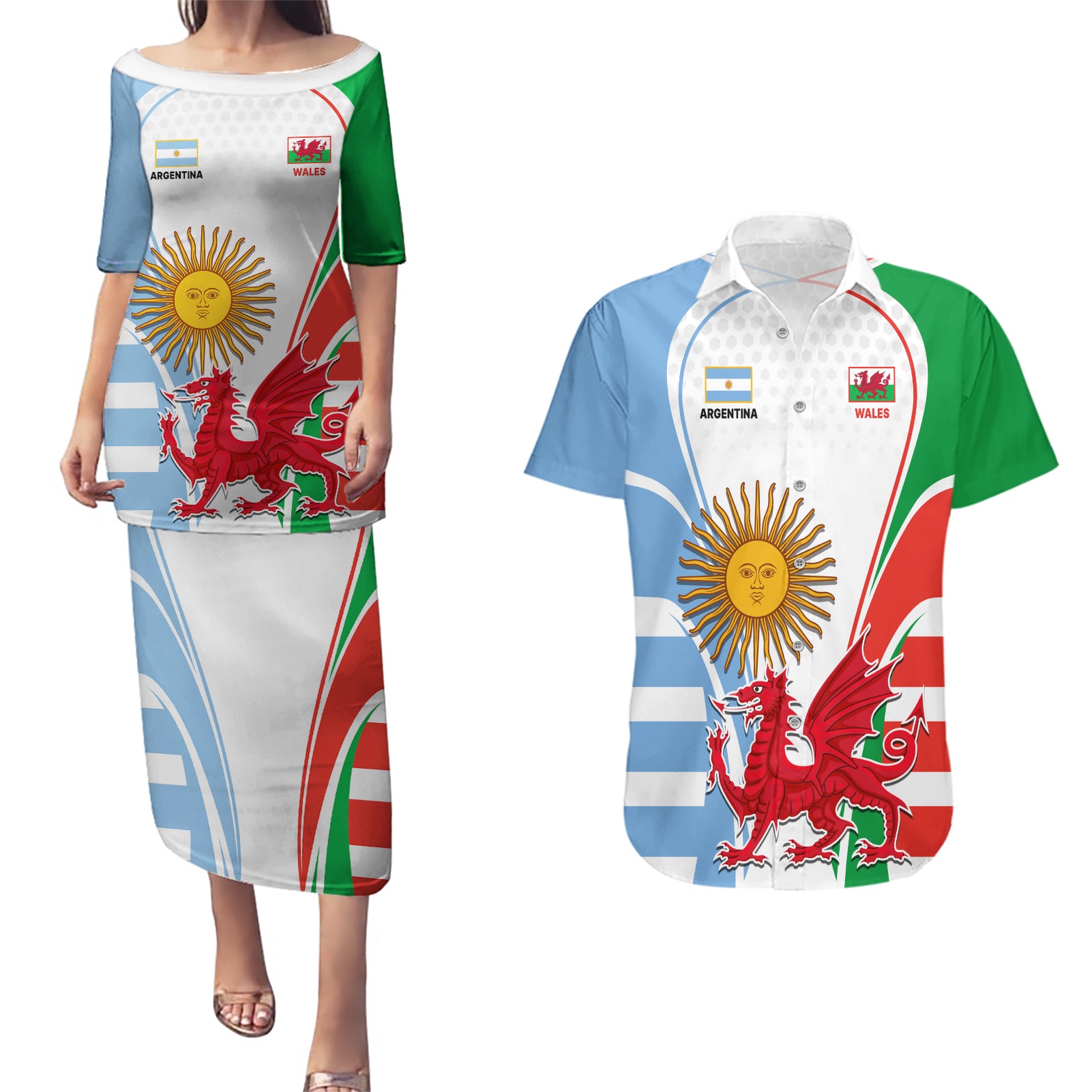 Wales Argentina Rugby Couples Matching Puletasi Dress and Hawaiian Shirt The Welsh Dragon and Sol De Mayo World Cup 2023 LT9 - Wonder Print Shop