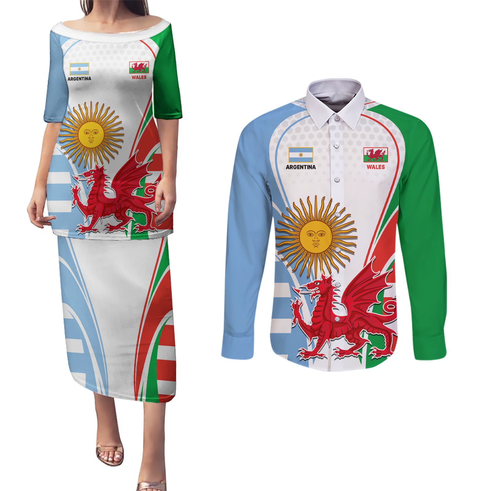 Wales Argentina Rugby Couples Matching Puletasi Dress and Long Sleeve Button Shirts The Welsh Dragon and Sol De Mayo World Cup 2023 LT9 - Wonder Print Shop