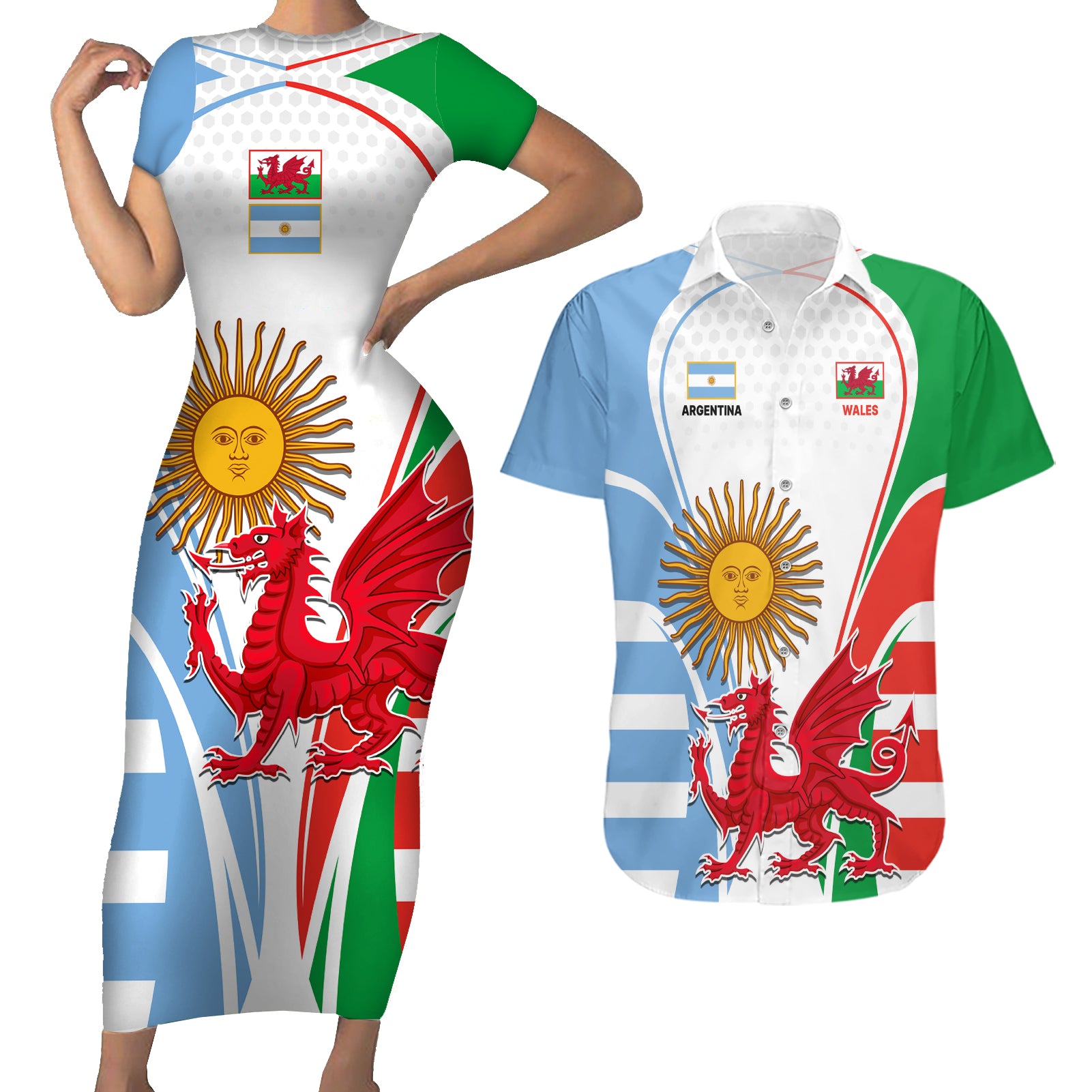 Wales Argentina Rugby Couples Matching Short Sleeve Bodycon Dress and Hawaiian Shirt The Welsh Dragon and Sol De Mayo World Cup 2023 LT9 - Wonder Print Shop