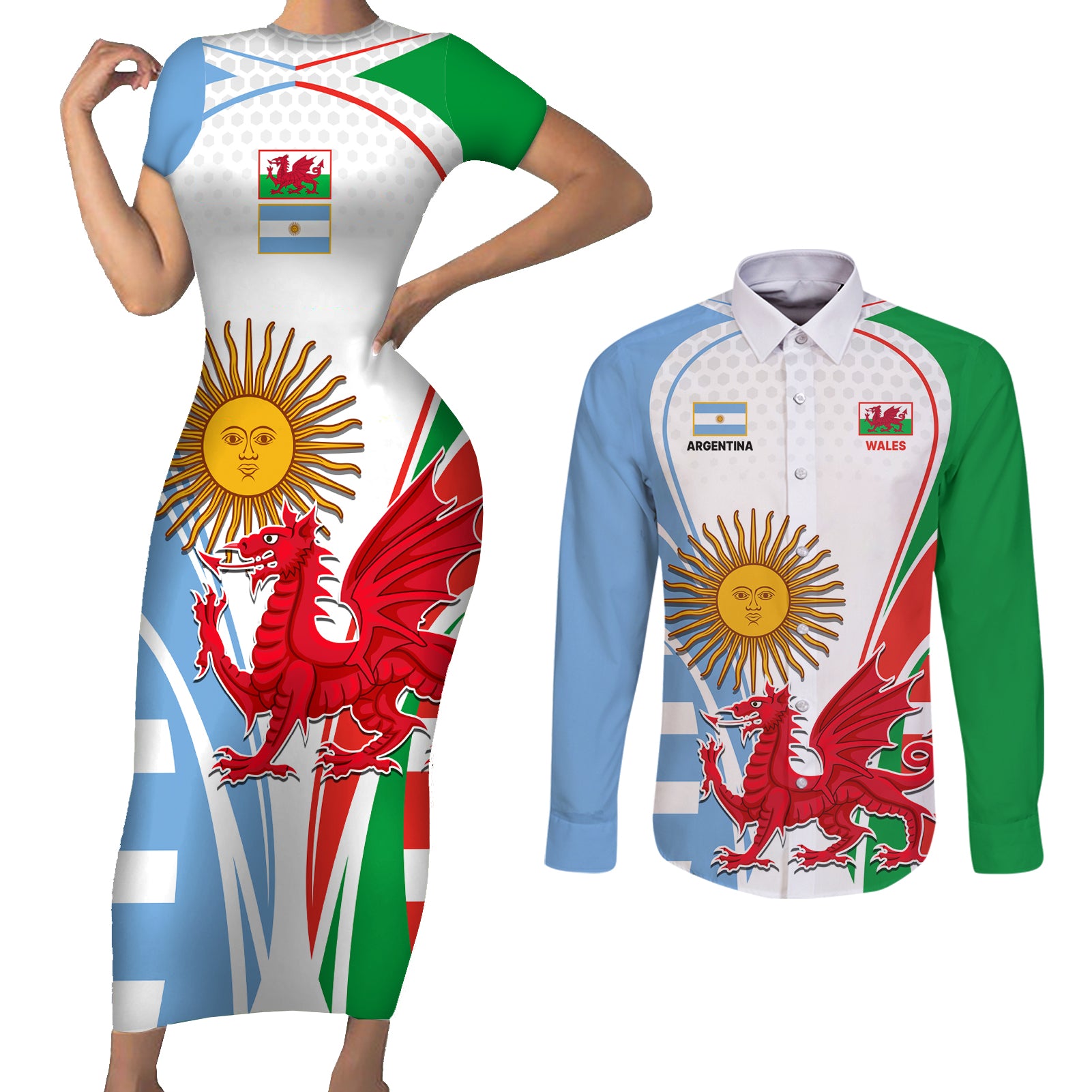 Wales Argentina Rugby Couples Matching Short Sleeve Bodycon Dress and Long Sleeve Button Shirts The Welsh Dragon and Sol De Mayo World Cup 2023 LT9 - Wonder Print Shop