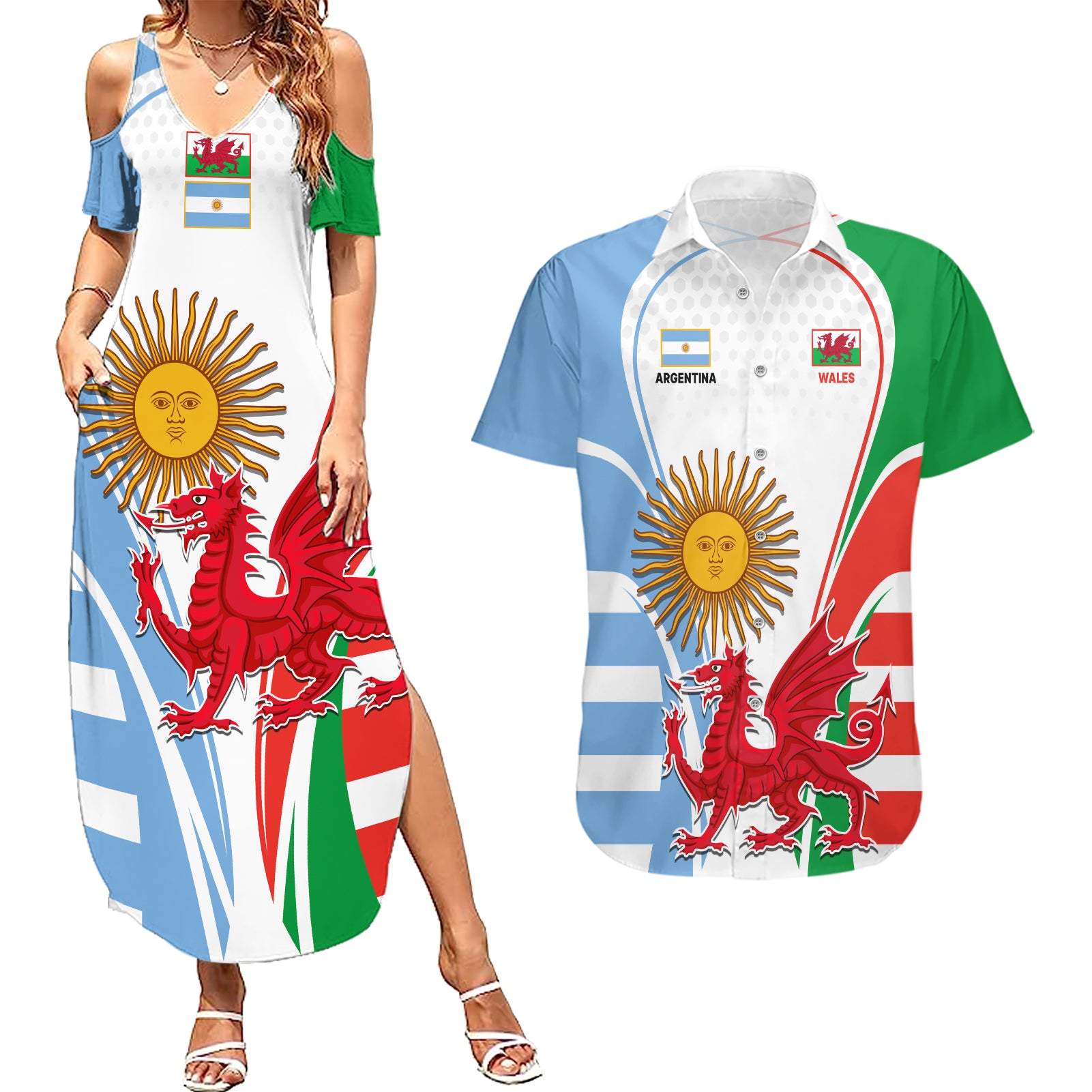 Wales Argentina Rugby Couples Matching Summer Maxi Dress and Hawaiian Shirt The Welsh Dragon and Sol De Mayo World Cup 2023 LT9 - Wonder Print Shop