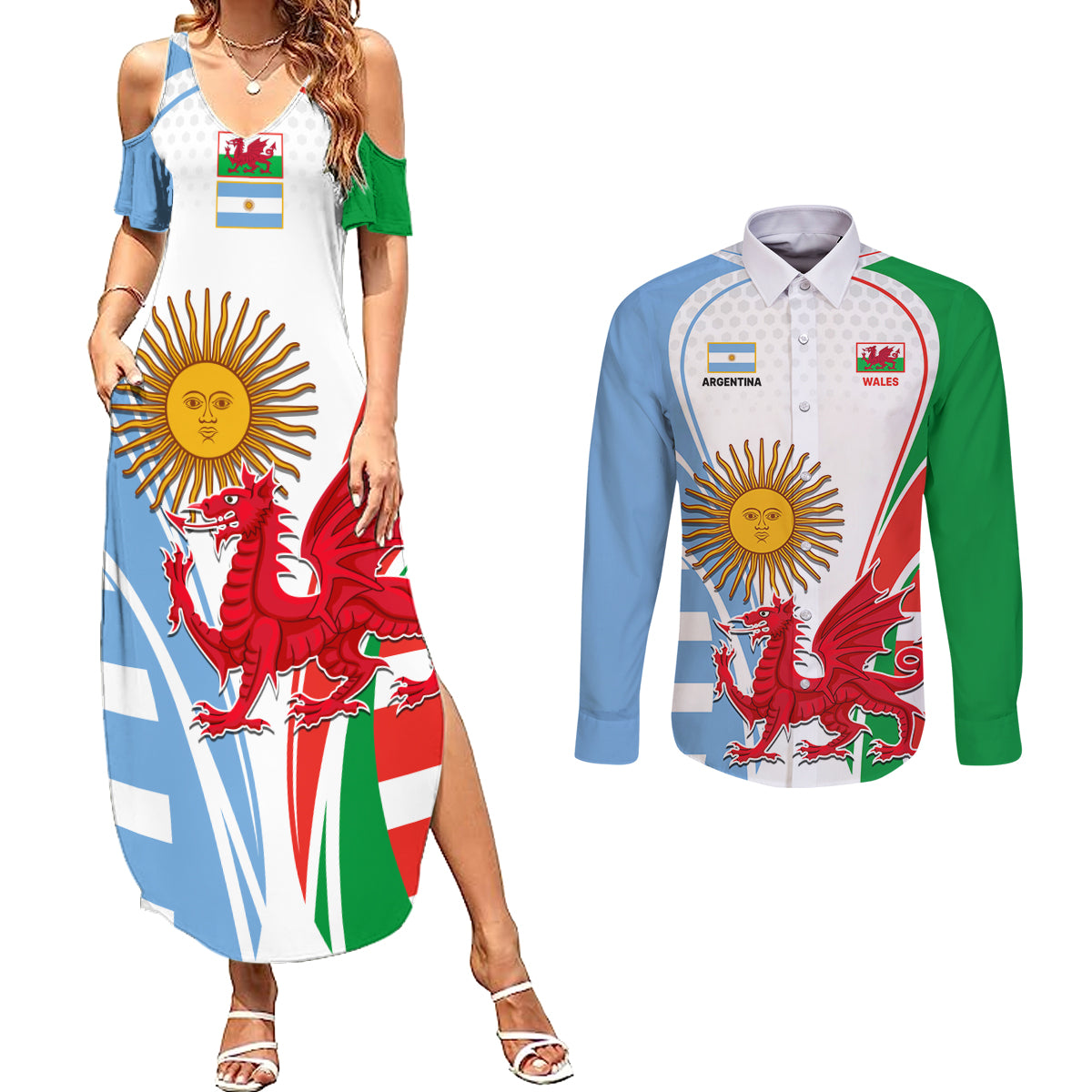 Wales Argentina Rugby Couples Matching Summer Maxi Dress and Long Sleeve Button Shirts The Welsh Dragon and Sol De Mayo World Cup 2023 LT9 - Wonder Print Shop