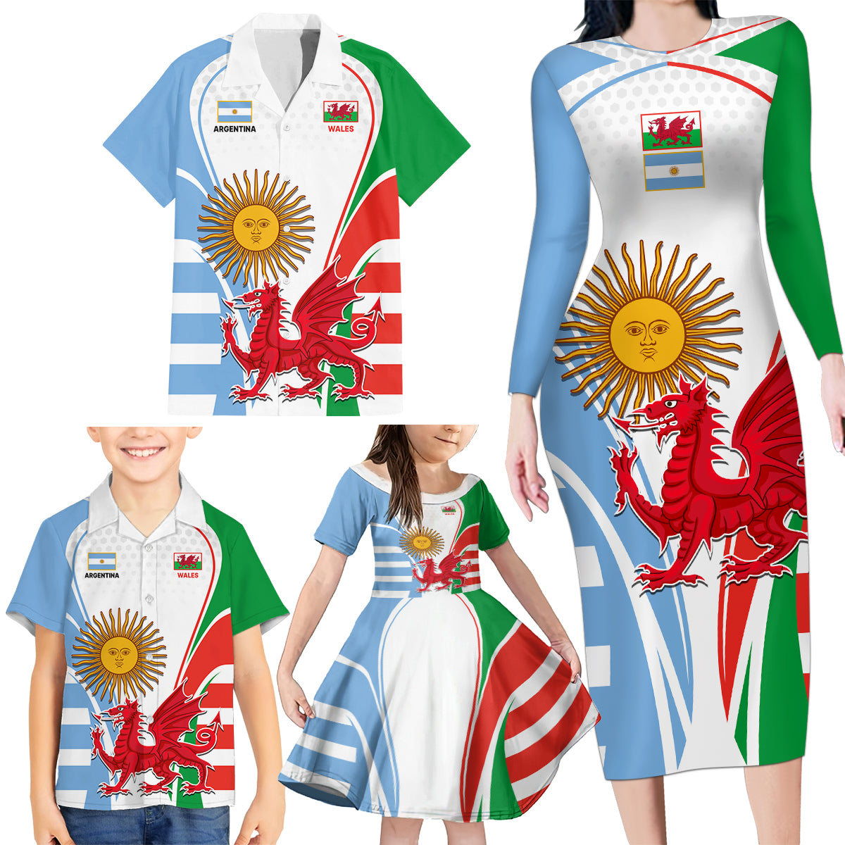 Wales Argentina Rugby Family Matching Long Sleeve Bodycon Dress and Hawaiian Shirt The Welsh Dragon and Sol De Mayo World Cup 2023 LT9 - Wonder Print Shop