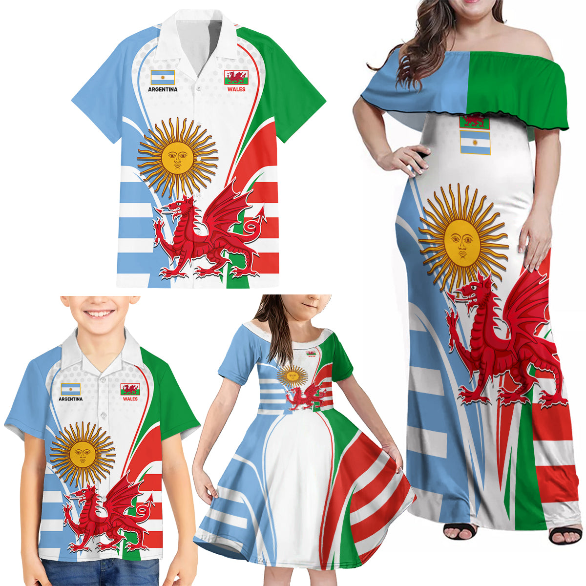 Wales Argentina Rugby Family Matching Off Shoulder Maxi Dress and Hawaiian Shirt The Welsh Dragon and Sol De Mayo World Cup 2023 LT9 - Wonder Print Shop