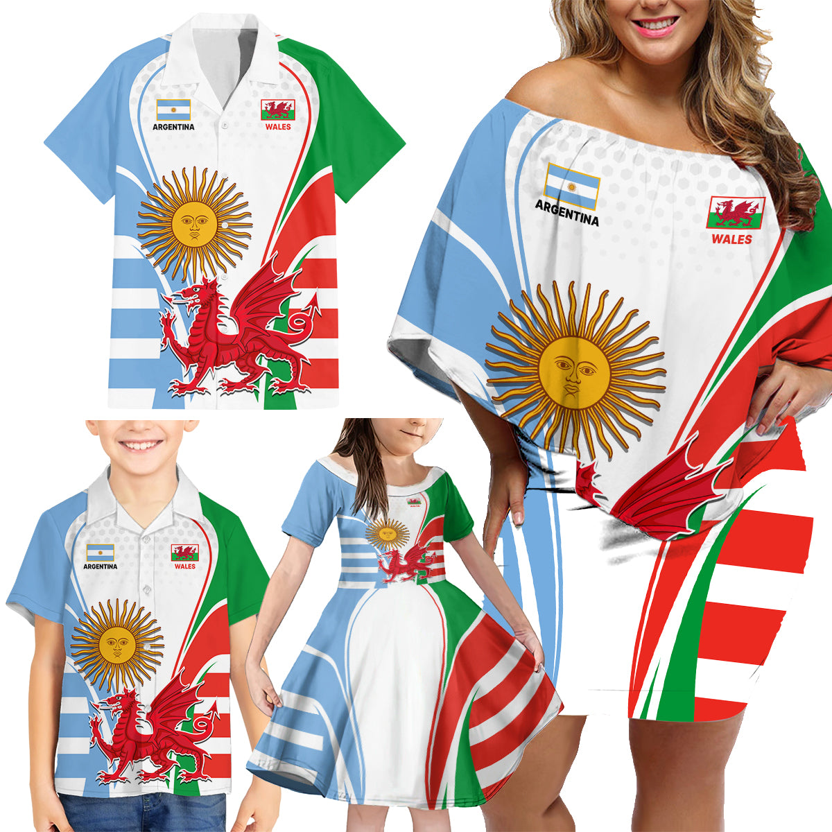 Wales Argentina Rugby Family Matching Off Shoulder Short Dress and Hawaiian Shirt The Welsh Dragon and Sol De Mayo World Cup 2023 LT9 - Wonder Print Shop