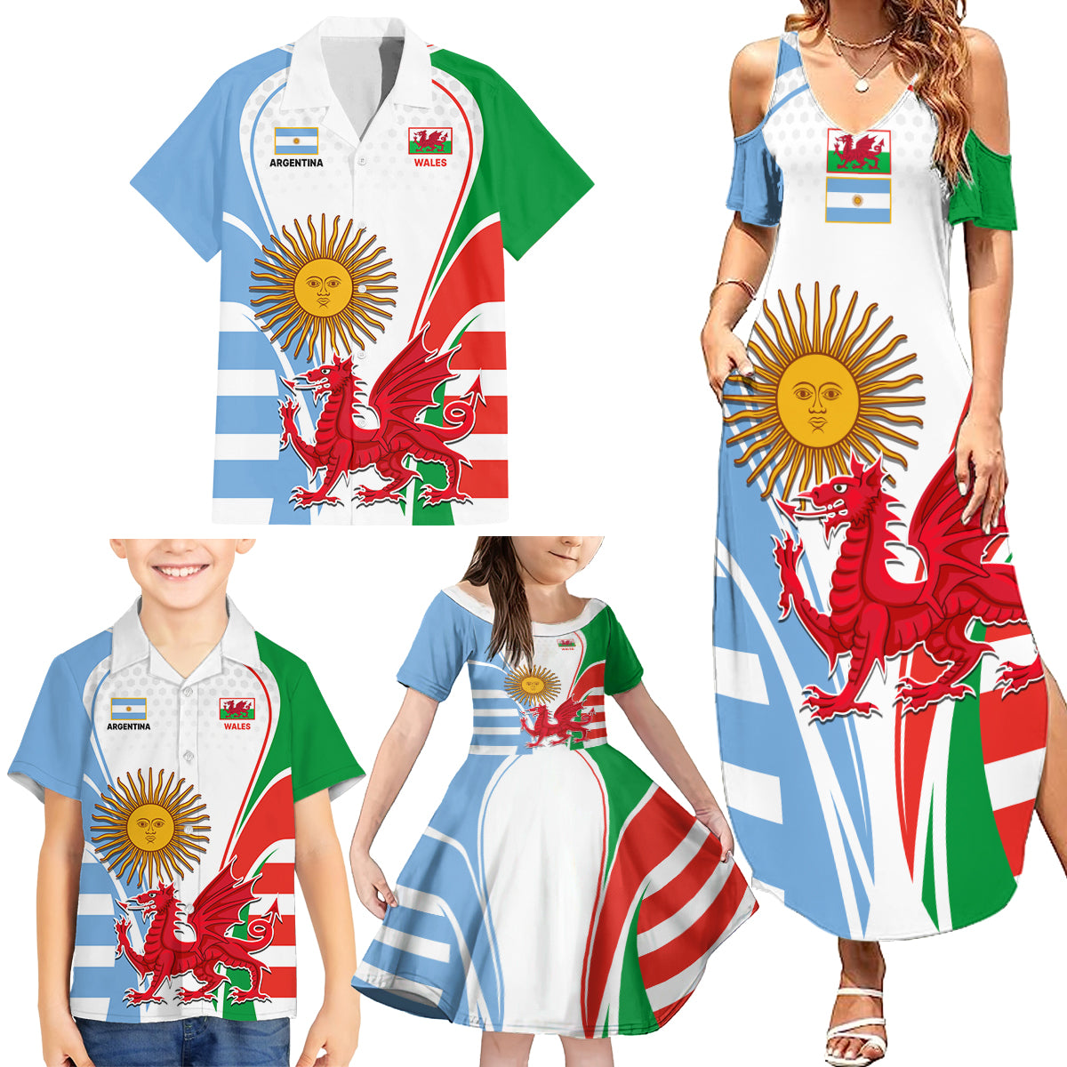 Wales Argentina Rugby Family Matching Summer Maxi Dress and Hawaiian Shirt The Welsh Dragon and Sol De Mayo World Cup 2023 - Wonder Print Shop