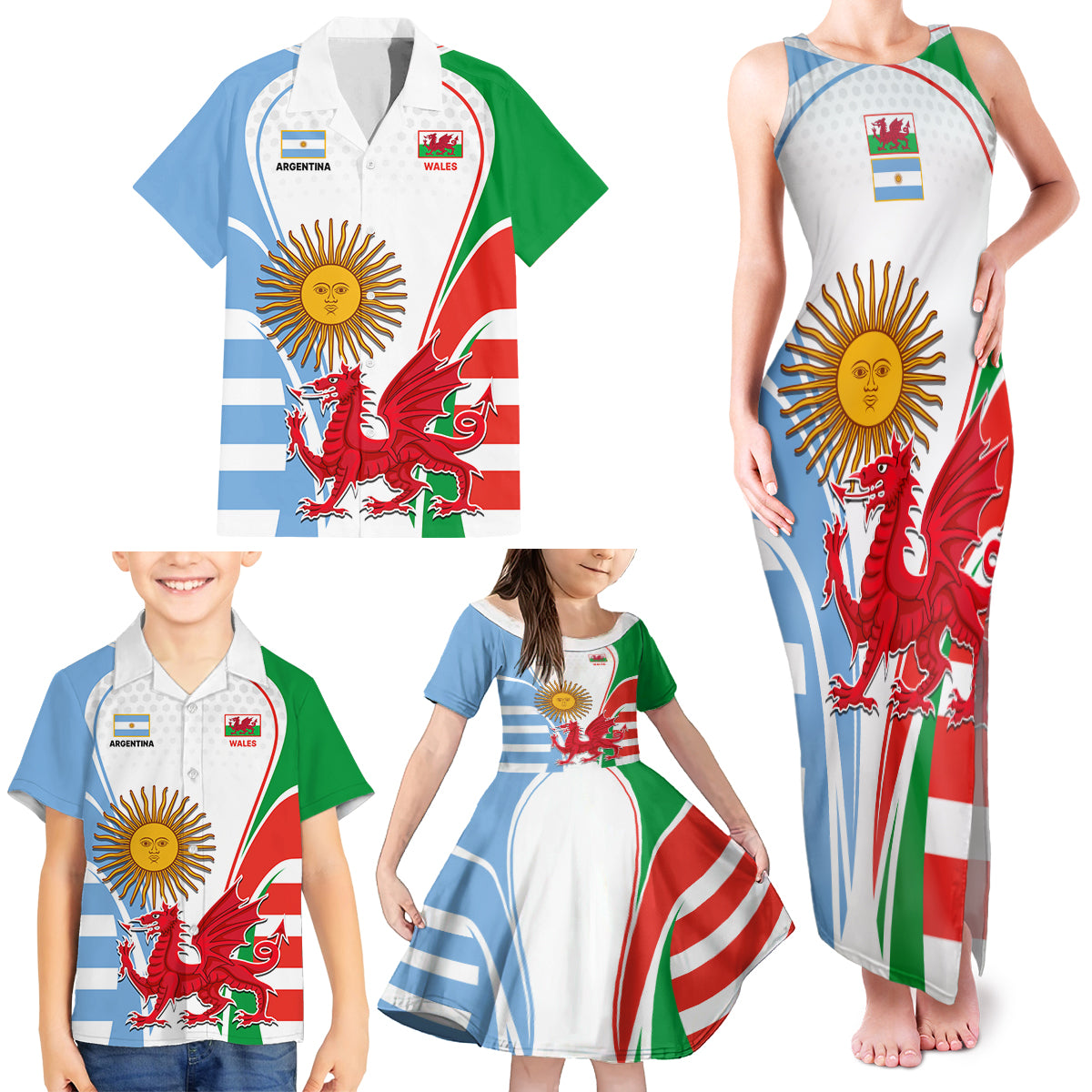 Wales Argentina Rugby Family Matching Tank Maxi Dress and Hawaiian Shirt The Welsh Dragon and Sol De Mayo World Cup 2023 - Wonder Print Shop