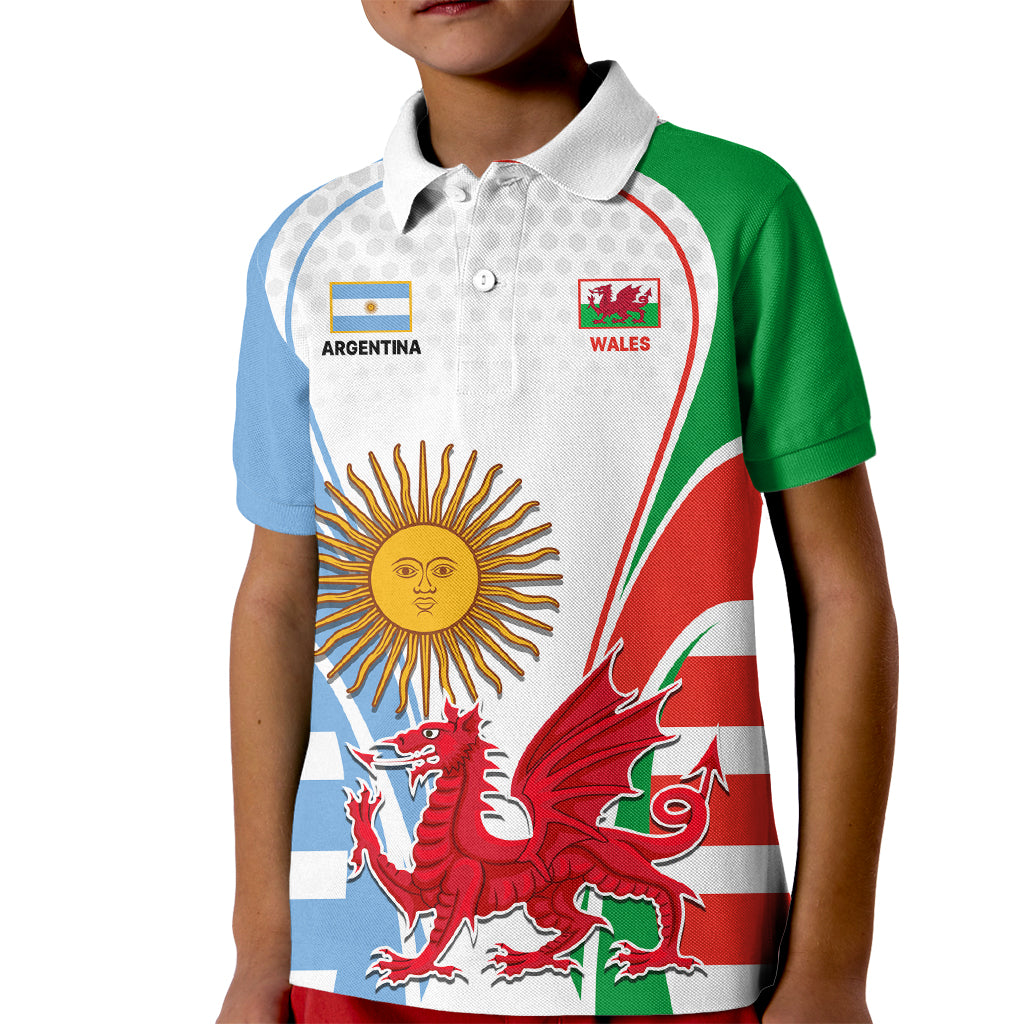 Wales Argentina Rugby Kid Polo Shirt The Welsh Dragon and Sol De Mayo World Cup 2023 - Wonder Print Shop