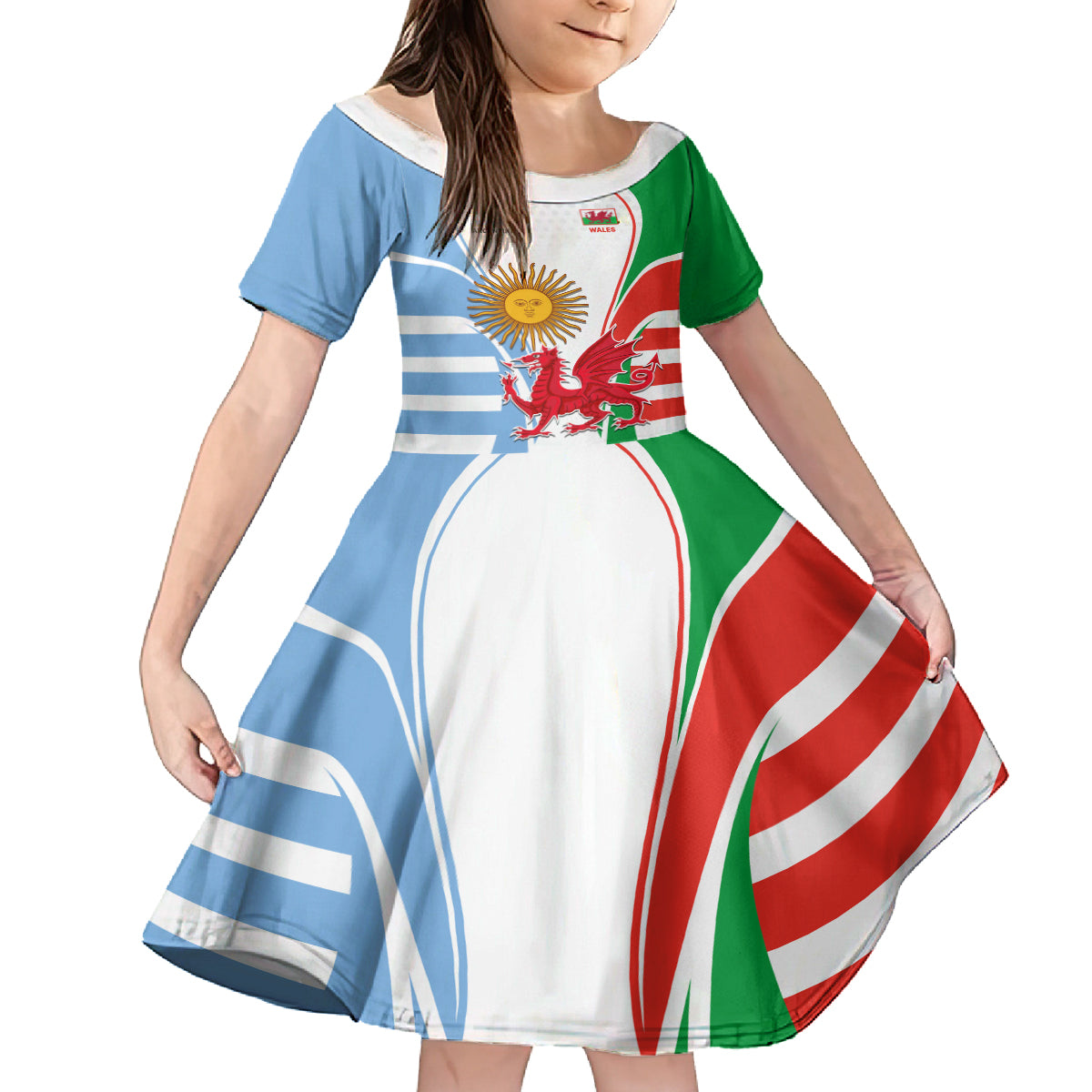 Wales Argentina Rugby Kid Short Sleeve Dress The Welsh Dragon and Sol De Mayo World Cup 2023 - Wonder Print Shop