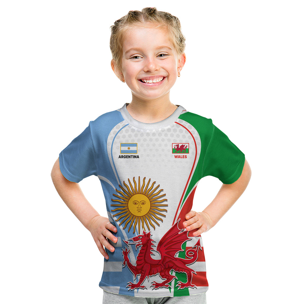 Wales Argentina Rugby Kid T Shirt The Welsh Dragon and Sol De Mayo World Cup 2023 - Wonder Print Shop