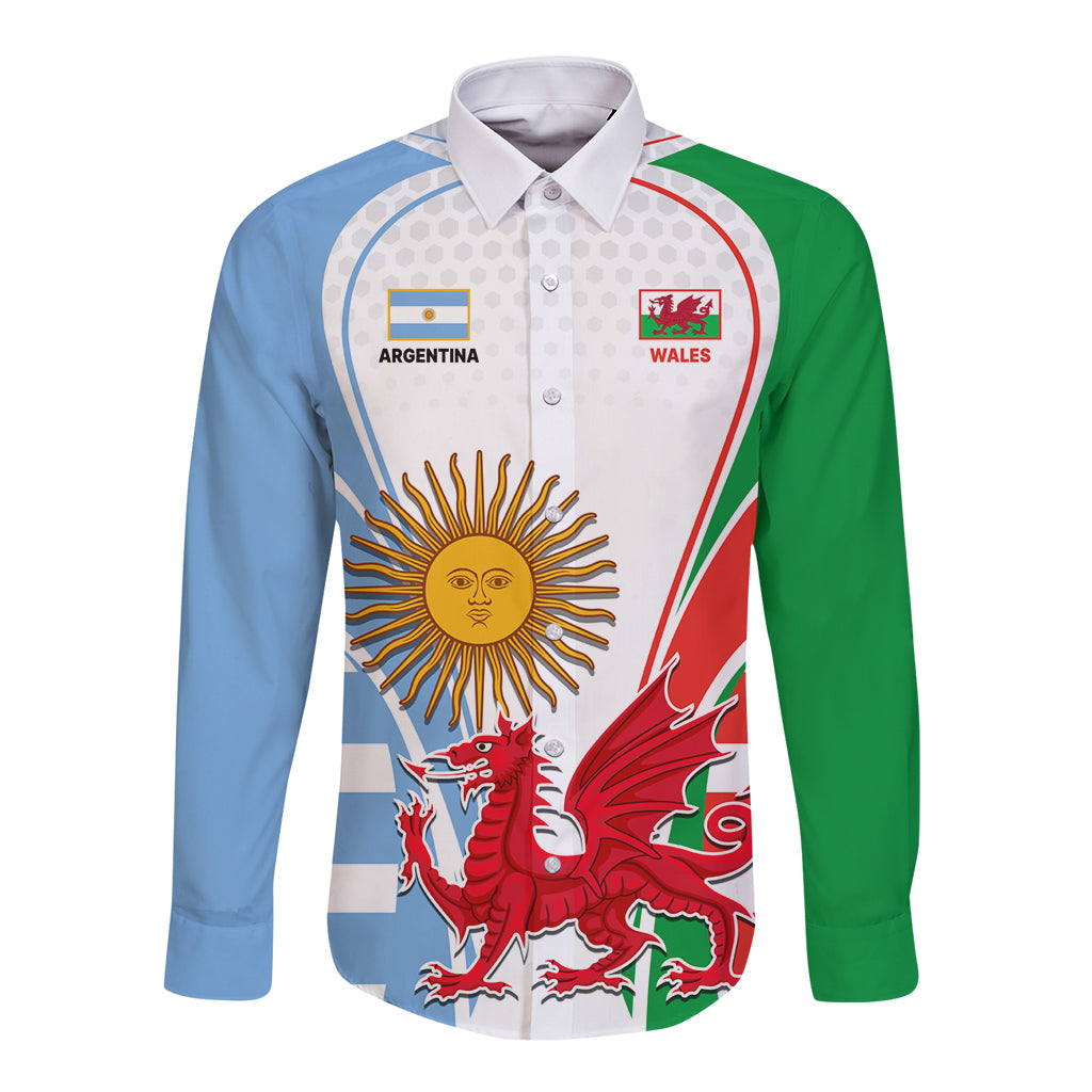 White long-sleeve rugby button shirt with Wales and Argentina crest graphic