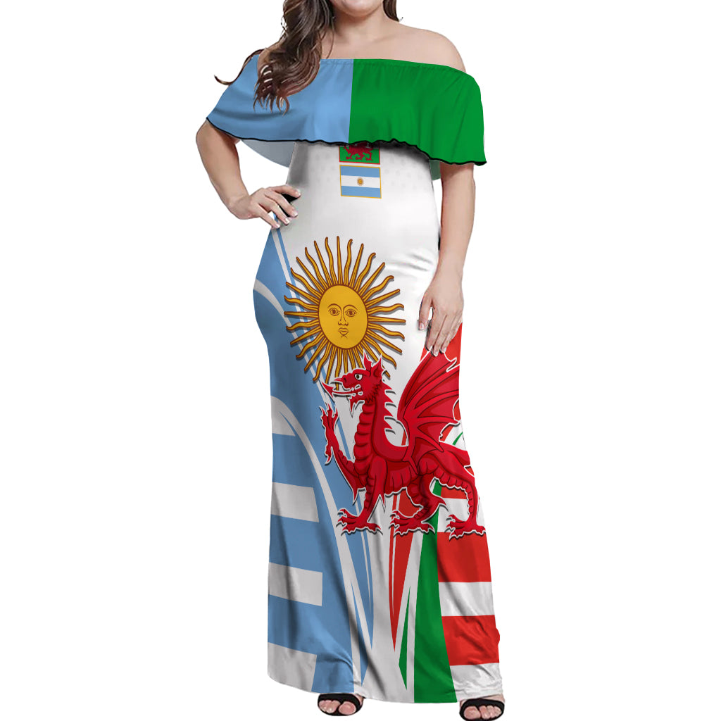 Wales Argentina Rugby Off Shoulder Maxi Dress The Welsh Dragon and Sol De Mayo World Cup 2023 - Wonder Print Shop