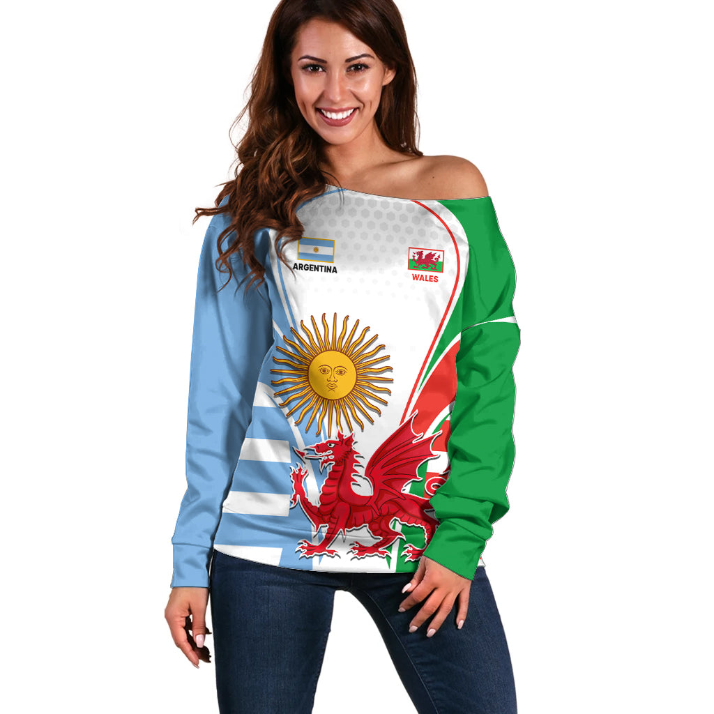 Wales Argentina Rugby Off Shoulder Sweater The Welsh Dragon and Sol De Mayo World Cup 2023 - Wonder Print Shop