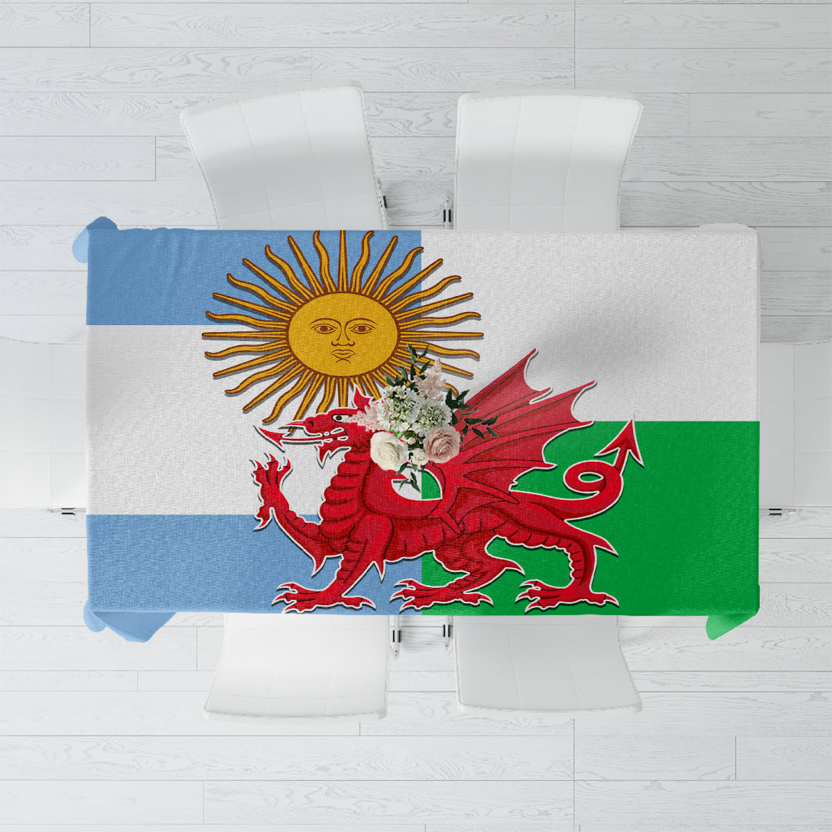 Rugby tablecloth with multicolor emblem graphic and blue, red, green, and yellow sections