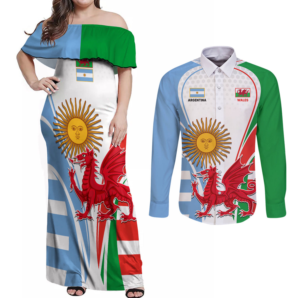 Custom Wales Argentina Rugby Couples Matching Off Shoulder Maxi Dress and Long Sleeve Button Shirts The Welsh Dragon and Sol De Mayo World Cup 2023 LT9 - Wonder Print Shop