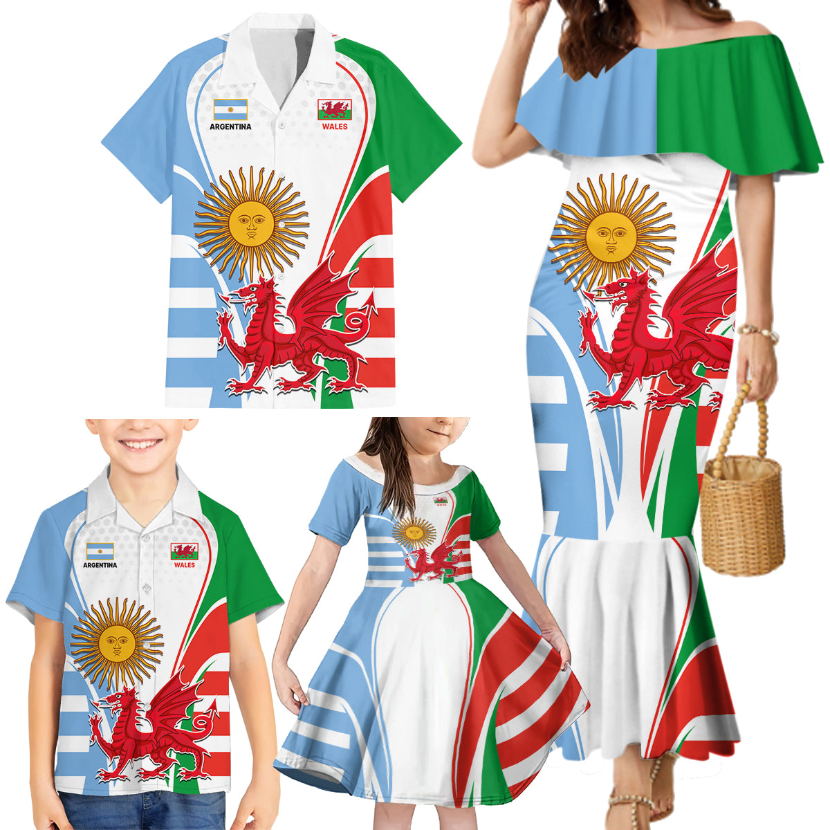 Custom Wales Argentina Rugby Family Matching Mermaid Dress and Hawaiian Shirt The Welsh Dragon and Sol De Mayo World Cup 2023 LT9 - Wonder Print Shop