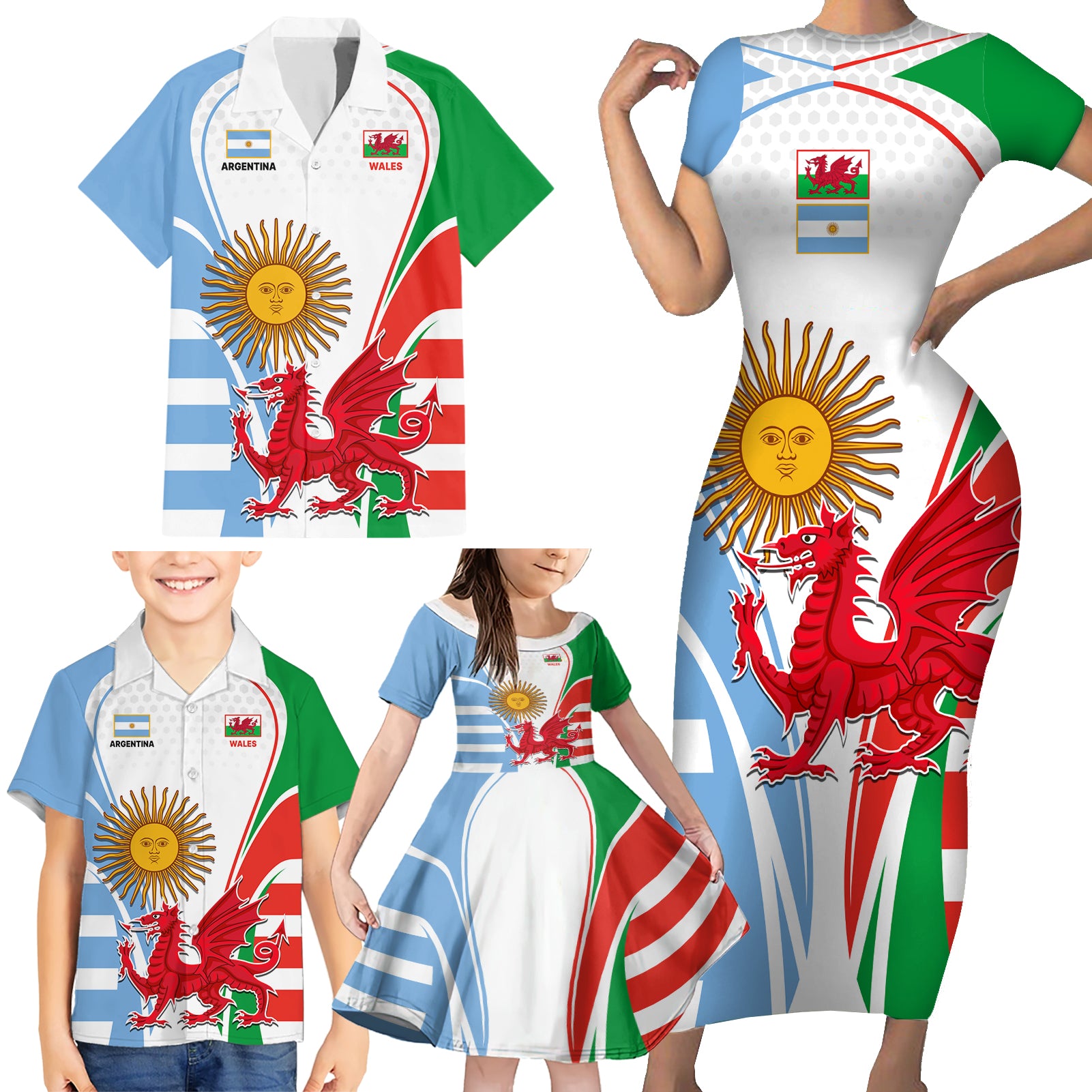 Custom Wales Argentina Rugby Family Matching Short Sleeve Bodycon Dress and Hawaiian Shirt The Welsh Dragon and Sol De Mayo World Cup 2023 - Wonder Print Shop