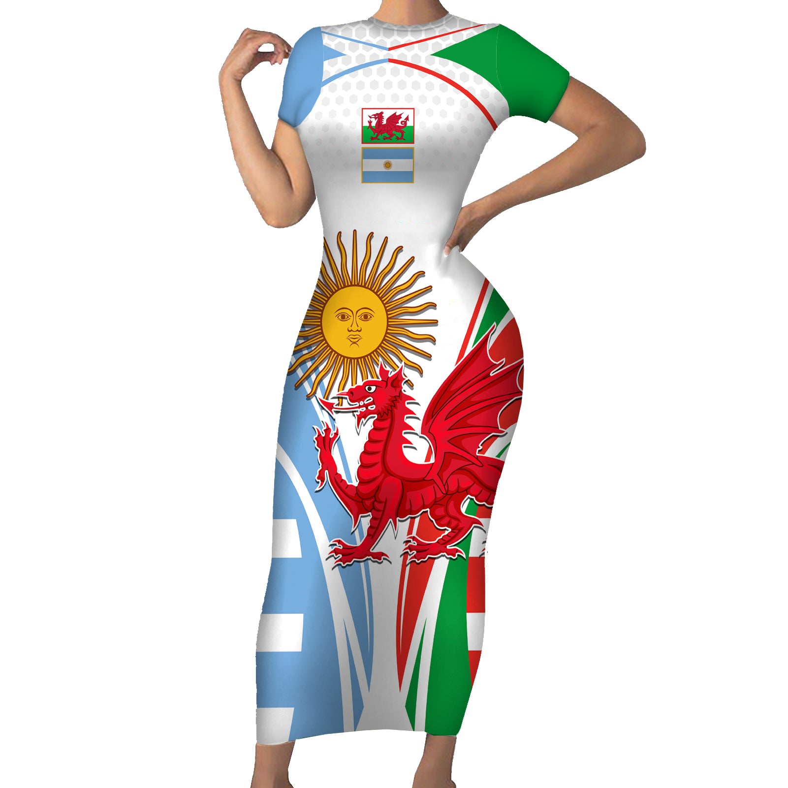 custom-wales-argentina-rugby-short-sleeve-bodycon-dress-the-welsh-dragon-and-sol-de-mayo-world-cup-2023