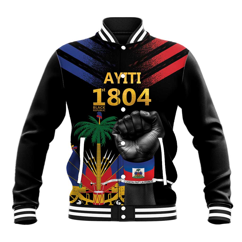 Black unisex baseball jacket with varsity stripes and 1804 graphic on front