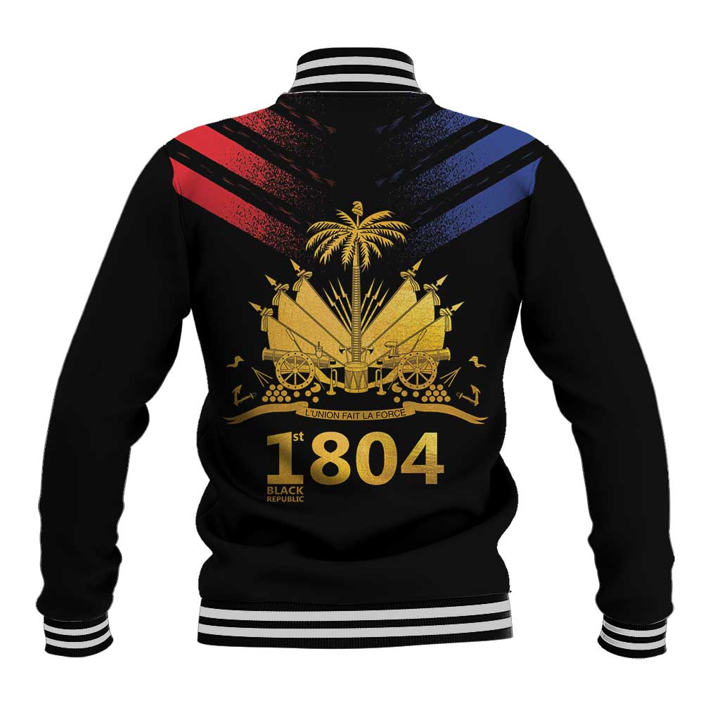 Black unisex baseball jacket with back varsity stripes and large 1804 crest