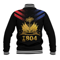Black unisex baseball jacket with back varsity stripes and large 1804 crest
