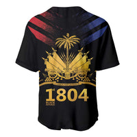 Black baseball jersey back with red/blue stripes, gold palm crest and 1804