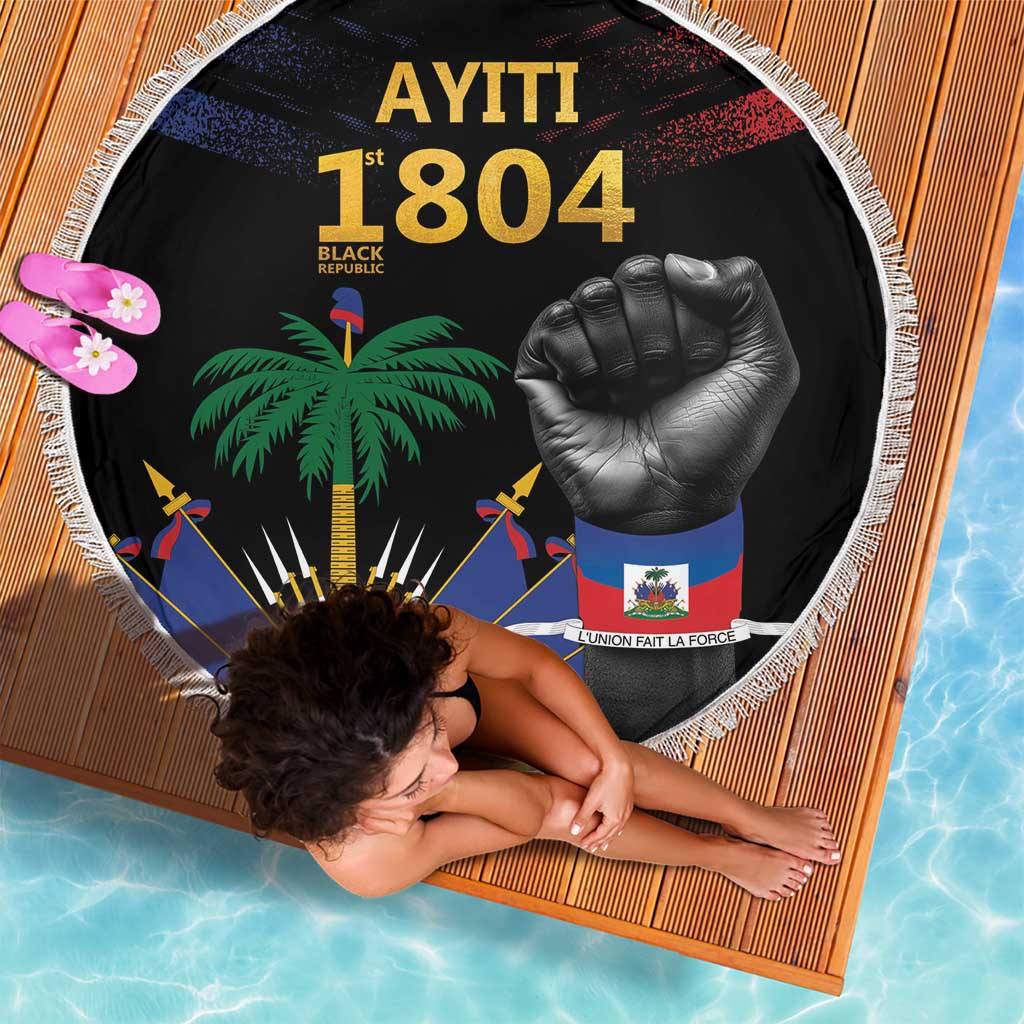 Round black beach blanket with fringe edge, AYITI 1804 design with palm and fist