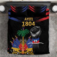 Black bedding set with red and blue stripes, fist, palm, cannons, and “1804” graphic.