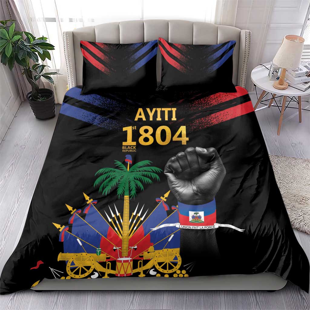 Black bedding set with two pillows and red/blue stripe design, fist and “1804” text.