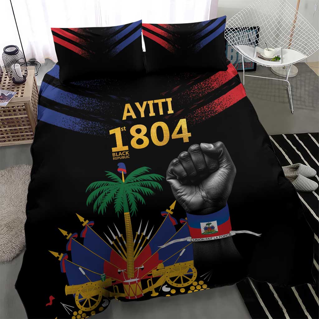 Black bedding set with two pillows featuring red and blue stripes and “1804” design center.
