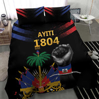 Black bedding set with two pillows featuring red and blue stripes and “1804” design center.