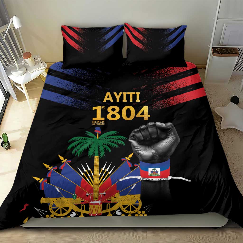 Black bedding set with red and blue stripe motif, fist graphic, and “1804” number in center.