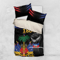 Black bedding set with two pillows, red/blue stripes, “1804” graphic, and Haiti flag emblem.