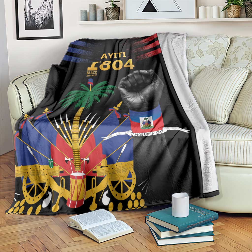 Black Haiti-themed throw blanket with raised fist, palm tree, flags, and emblem