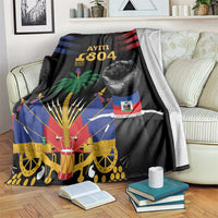 Black Haiti-themed throw blanket with raised fist, palm tree, flags, and emblem