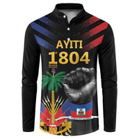 Black button-front sweatshirt with 'AYITI 1804' graphic, fist and Haitian flag