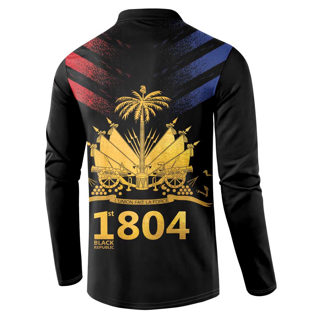 Black button-front sweatshirt back graphic with gold emblem, palm trees and '1804'